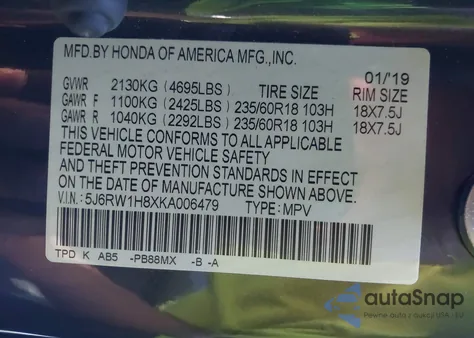 2019 Honda Cr-V Ex-L из США, поврежденный, VIN 5J6RW1H8XKA006479